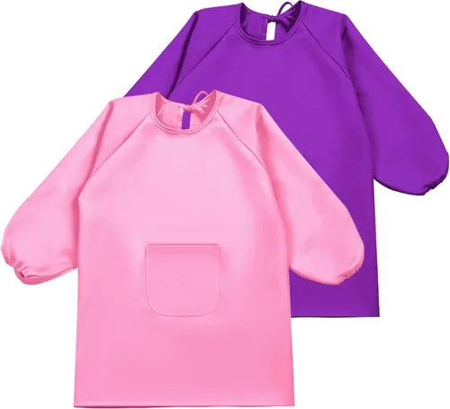 Vista 7 de Geyoga Delantal de manga larga impermeable para niños, con bolsillo, para clase escolar, de 3 a 8 años
