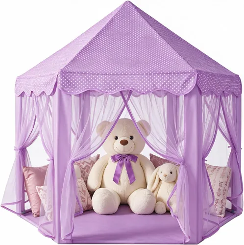Vista 10 de Sumbababy - Tienda de campaña de castillo de princesa para niñas, de juego, hexagonal, azul, con luces de estrella de hadas, juguetes para niños