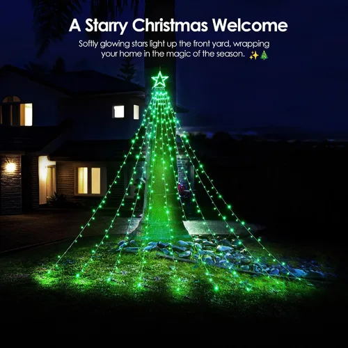 Vista 2 de WBao 344 luces LED de Navidad para decoración al aire libre con estrella de 12 pulgadas, luces de Navidad de cascada de 11.9 pies, control remoto, 8