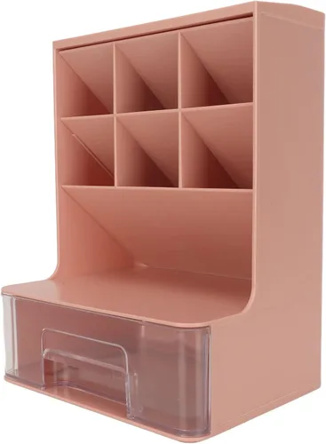 Vista 8 de Wnvivi Organizador de bolígrafo inclinado, soporte para bolígrafo de escritorio, soporte para brochas de maquillaje con cajón, organizador Rosa
