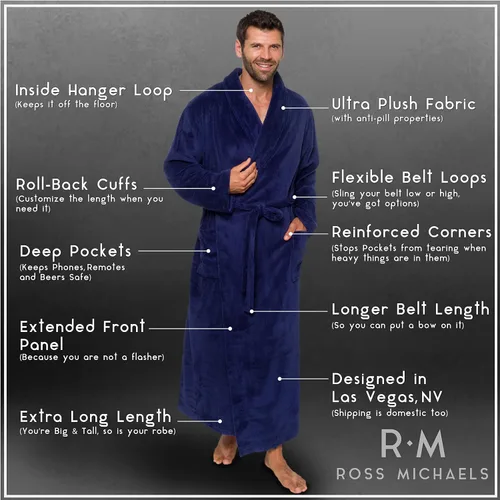 Vista 4 de Ross Michaels Mens Robe Plush Big and Tall - Long Fleece Spa Bath Robe with Pockets - Bathrobe Gift for Men and Teens