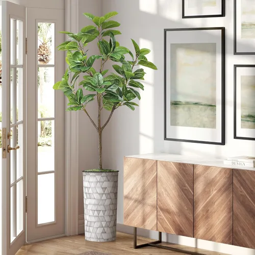 Vista 15 de Árbol artificial en maceta moderna con patrón triangular, palmera tropical areca artificial de seda para decoración del hogar en interiores