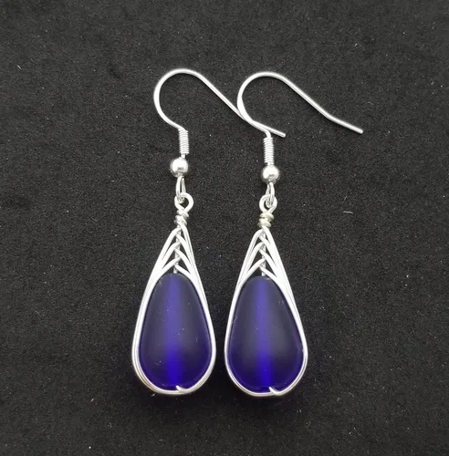 Vista 4 de Yinahawaii Handmade Sea Glass Earrings, Hawaiian Jewelry, Wire Braided Earrings Teardrop Earrings, Beach Jewelry Sea Glass Jewelry For Women Cobalt