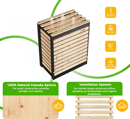 Vista 5 de Cubo de Compostaje de 95 Galones de Madera Sólida, Cubo de Compostaje para Exteriores con Puerta Deslizante, Cubo de Compostaje Grande para el Patio