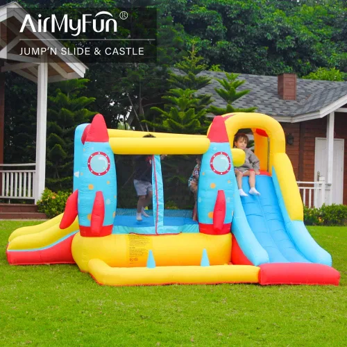 Vista 3 de AirMyFun Casa inflable para saltar, castillo hinchable con soplador de aire, casa de juegos con piscina de bolas, tobogán inflable para niños