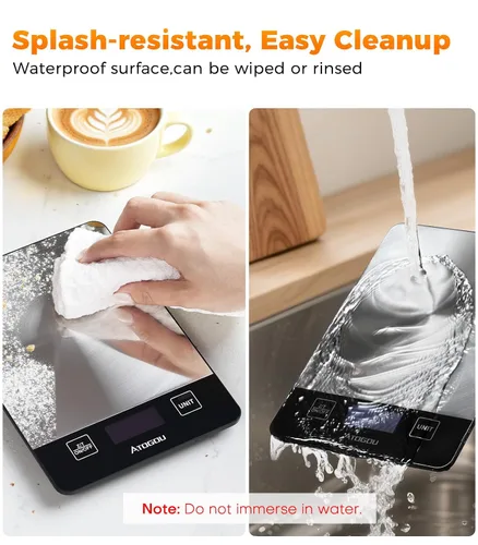 Vista 7 de Atogou Báscula de alimentos – Báscula digital de cocina de 33 libras, pantalla recargable y de visión completa, resistente al agua, carga de Negro