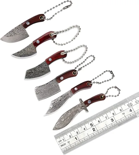 Vista 2 de HAOXU Juego de cuchillos de chef mini de Damasco con vaina, pequeños cuchillos EDC, abridor de paquetes, cortador de cajas, llavero, afilador