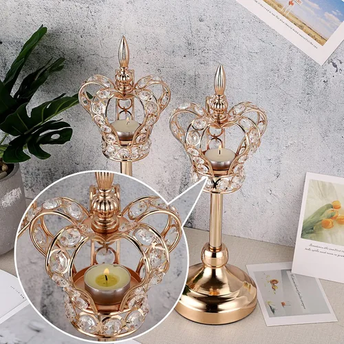 Vista 6 de OwnMy 2 portavelas de corona de cristal, portavelas de metal, candelabros votivos de cristal dorado, elegante portavelas para mesa de comedor, 14
