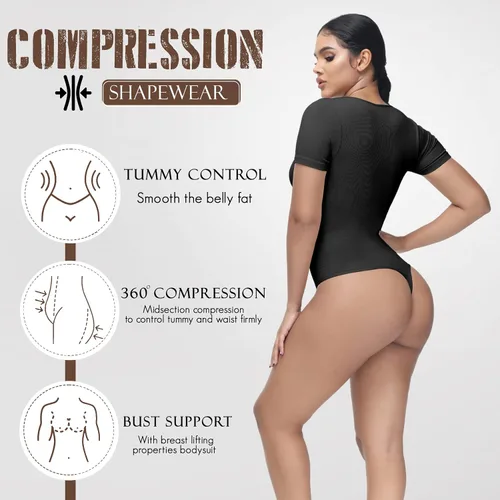Vista 3 de Shapewear Bodysuit for Women Tummy Control Tops Crew Neck Short Sleeve Bodysuit Thong Sculpting with Removable Padding