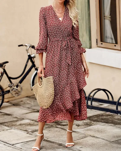 Vista 4 de BTFBM Vestido cruzado de manga larga para mujer cuello en V bohemio floral cintura alta con volantes 2023 primavera y verano maxi vestidos