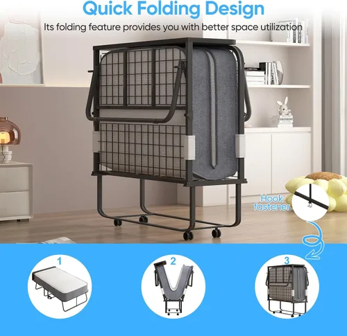 Vista 6 de Mjkone Cama plegable con colchón, cama rodante para adultos con cabecero y bolsa antipolvo, cama plegable portátil de 5 pulgadas para huéspedes