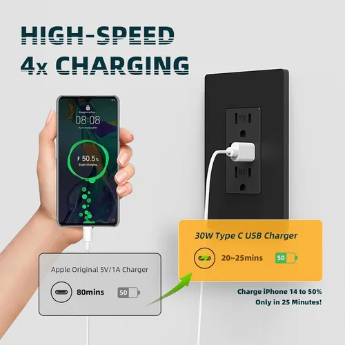 Vista 3 de TOPELER Toma de pared USB C, 30 W PD3.0 y tomas de corriente USB PPS, toma de corriente eléctrica resistente a manipulaciones de 15 amperios