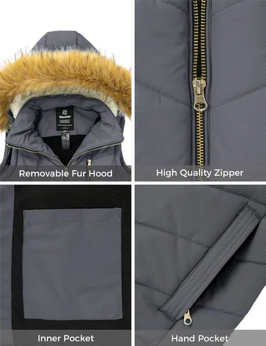 Vista 6 de Wantdo Chaleco grueso de invierno para mujer, acolchado, cálido, con capucha de piel extraíble