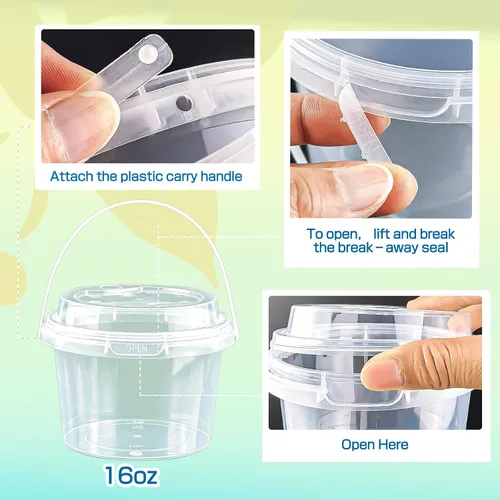 Vista 4 de Juego de 20 mini cubos para bebidas de 16 onzas, vasos de plástico transparente con tapas y pajitas, vasos desechables para bebidas frías, café