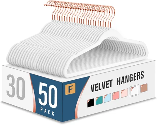 Vista 8 de Perchas de Terciopelo para Ropa (Paquete de 50) Resistentes y Duraderas Perchas para Trajes Perchas de Colores Vibrantes Ligeras que Ahorran Espacio
