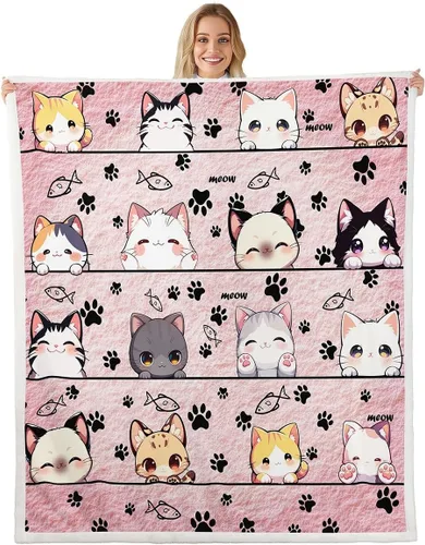 Vista 21 de Manta de franela de animales de dibujos animados para todas las estaciones, manta de cama azul con estampado de amor Kawaii para decoración