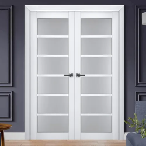 Vista 2 de Veregio 7602 - Puertas dobles francesas para interiores, vidrio esmerilado, seda blanca, bordes de marco de panel sólido de madera, puertas