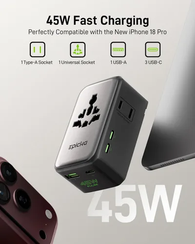 Vista 2 de EPICKA Pulse Air 45W Universal Travel Adapter PD with 2AC/3USB-C/1USB-A