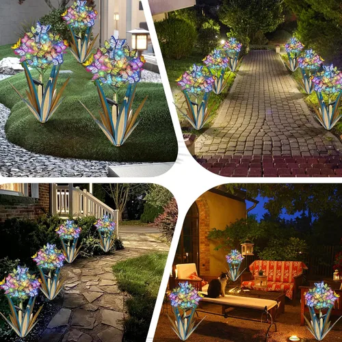 Vista 7 de Homight Escultura Solar de Metal Agave Mariposa Flor en Palo para Jardín - Regalo al Aire Libre, Luces de Navidad - Luces de Jardín de Mariposas