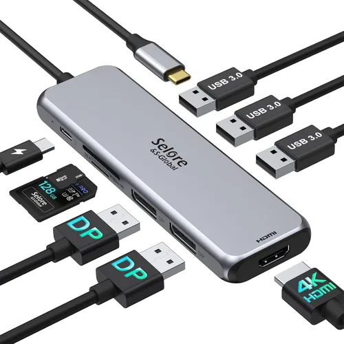 Vista 8 de Estación de acoplamiento USB C Monitor dual, estación de acoplamiento de triple pantalla USB C 9 en 1 a adaptador HDMI dual Displayport SD TF lector