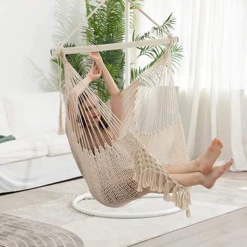 Vista 9 de Silla Hamaca, Máximo 330 Libras, Silla Colgante Grande, Silla Columpio de Cuerda de Algodón Suave con Varilla de Metal de Alta Capacidad de Carga