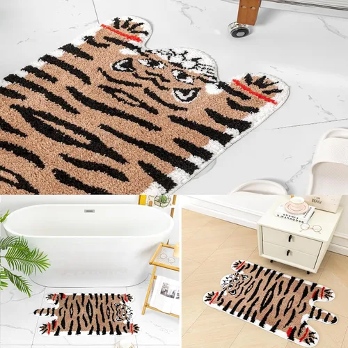 Vista 5 de Alfombra de baño con forma de tigre marrón lindo para baño, antideslizante, absorbente, decoración de animales de dibujos animados, alfombra