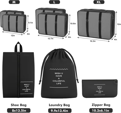 Vista 3 de Funarty Juego de 8 cubos de embalaje para maletas, cubos de compresión para equipaje de mano, bolsas organizadoras de equipaje para accesorios