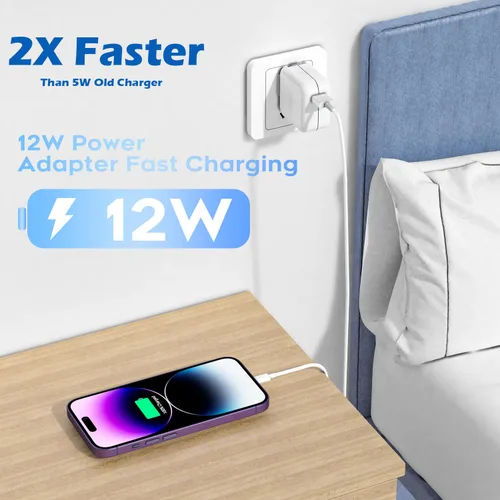 Vista 2 de Cargador para iPad, adaptador de bloque portátil plegable rápido de 12W USB para iPad, con cable de carga USB A a Lightning para iPhone, compatible