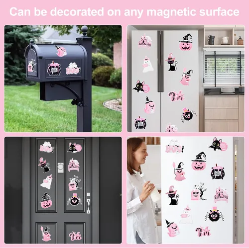 Vista 5 de Whaline 12 imanes rosados de Halloween para refrigerador, calabaza, fantasma, araña, murciélago, nevera, truco, golosina, calcomanías magnéticas