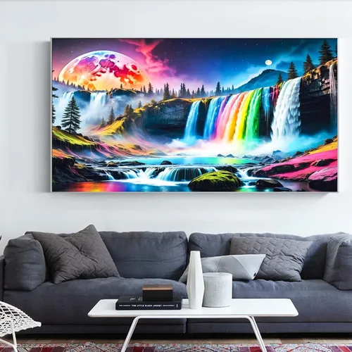 Vista 5 de JATOK Kits de pintura de diamantes para adultos, kits de arte de diamantes en cascada colorida 5D para principiantes, pintura de taladro redondo