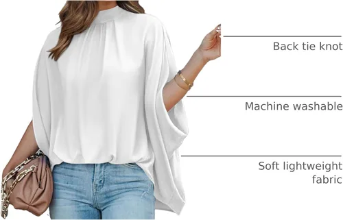 Vista 154 de BTFBM Blusas de verano para mujer, cuello alto falso, manga murciélago, holgadas, dobladillo alto y bajo, blusas informales de gran