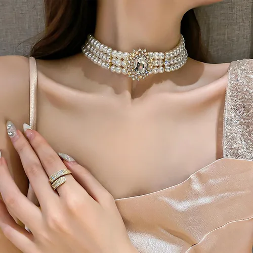 Vista 5 de NEWITIN 6 collares de perlas de diamantes de imitación para mujer, gargantilla de perlas en capas con diamantes de imitación de los años 20, collar