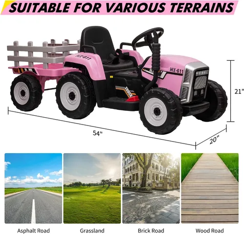 Vista 6 de Tractor eléctrico Nasitip de 12 V con remolque y control remoto Rosa