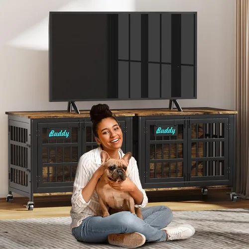 Vista 9 de EasyCom Mueble de jaula para perros de 33"/27" con etiqueta de nombre, perrera resistente para interiores para perros medianos y pequeños, jaula