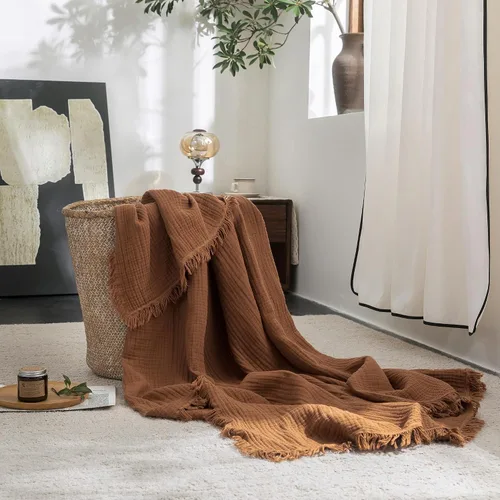 Vista 23 de FOSSA Manta de Muselina con Flecos - Gasa de Algodón 100% de 4 Capas Súper Suave y Transpirable - Manta Decorativa Ligera y Refrescante para Cama