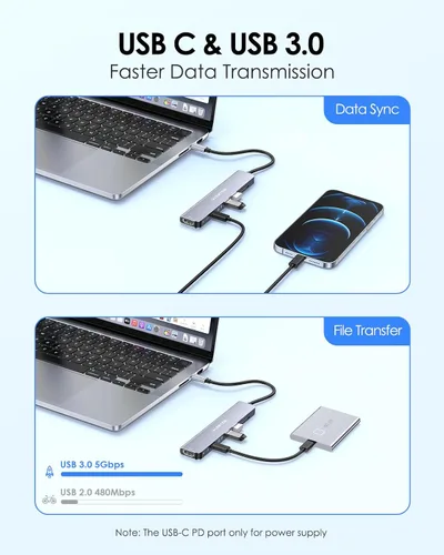 Vista 5 de LENTION Hub USB-C 8 en 1 con HDMI 4K 60Hz, entrega de energía de 100 W, datos USB C de 5 Gbps, 3 USB 3.0 y lector de tarjetas microSD y SD