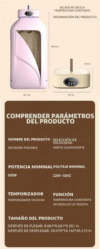 Vista 2 de Secadora de ropa portátil de 600 W, mini secadora de ropa eléctrica para ropa con bolsa de secadora, secadora portátil para apartamentos, RV, viajes