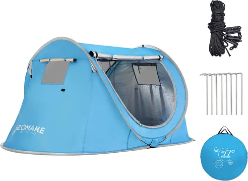 Vista 9 de ZOAMKE - Tienda de campaña fácil desplegable para 2 a 4 personas, impermeable, tienda de campaña emergente automática para acampar Azul 3-4 Persona