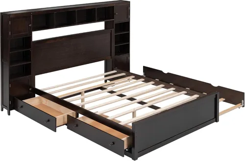 Vista 5 de Versátil cama de plataforma de madera tamaño Queen con armario y nido todo en uno, estante y enchufes, para niños, adolescentes y adultos, uso