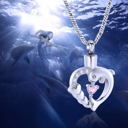 Vista 25 de Yinplsmemory Collar de urna de corazón de delfín para cenizas para mujer, colgante de urna de corazón de cristal, collar de recuerdo de cenizas