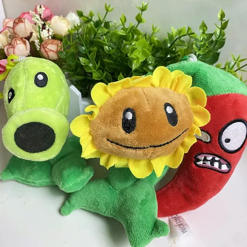 Vista 6 de Juego de 3 llaveros de peluche de plantas de PVZ, juguetes de peluche de PVZ suave, figura de girasol, guisante verde, colgante de pimiento rojo