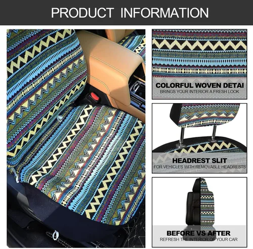 Vista 5 de Frienda 14 piezas de fundas para asientos de coche, juego completo multicolor con estampado de rayas estilo boho, funda para volante, funda