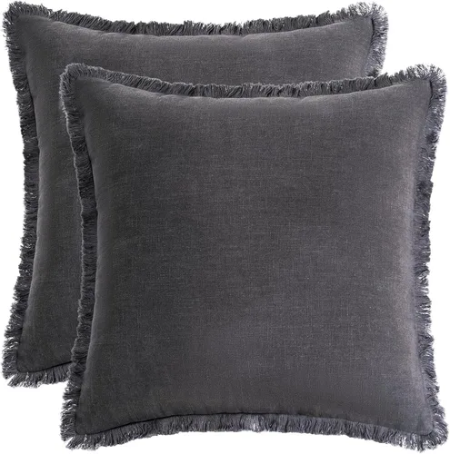 Vista 17 de Paquete de 2 fundas de almohada de lino con borlas con flecos decorativas rústicas naturales para cojín de sofá, sofá, dormitorio 16 x 16 pulgadas