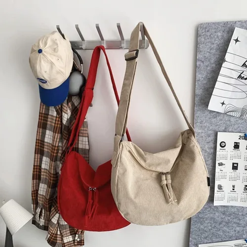 Vista 6 de Bolso bandolera unisex de pana para dumpling, bolso de mensajero, casual, bolso de hombro grande para uso diario, compras, escuela, viajes
