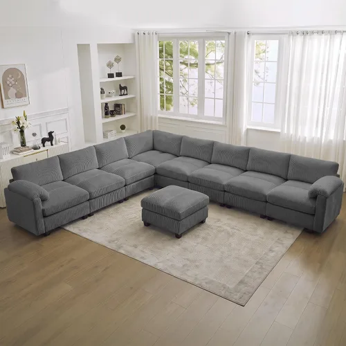 Vista 34 de Sofá modular de 61 pulgadas con otomana, asiento extra profundo para sala de estar, sofá de asiento profundo de pana con almohadas para Beige
