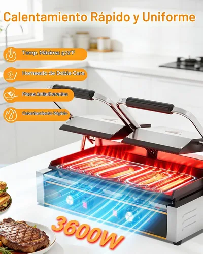 Vista 10 de Panini Press comercial - Parrilla eléctrica Panini de 3600 W, acero inoxidable, controles de temperatura duales, prensa doble sándwich con sartén