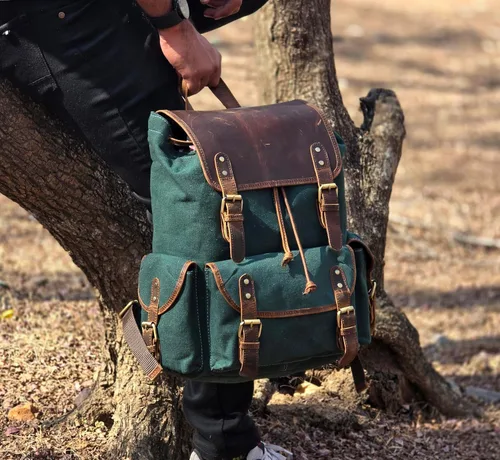 Vista 3 de Mochila de cuero con aspecto vintage de lona y cuero, mochila casual casual para la escuela y la universidad, mochila de viaje para hombres