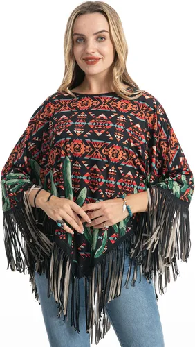 Vista 3 de Montana West Poncho con estampado de caballo azteca para mujer capa de chal con flecos de vaquera occidental