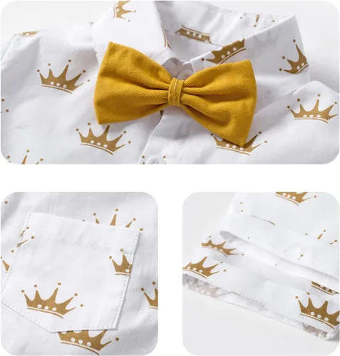 Vista 4 de Volunboy Conjunto de pantalón corto formal para bebé, traje de caballero de verano para niño, camisa con corbatín y pantalones cortos con tirantes