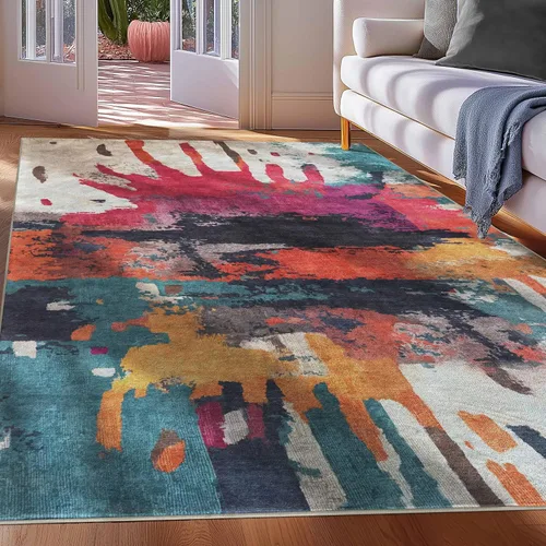 Vista 8 de Well Woven Apollo Abstract Libre - Alfombra plana tejida de pelo bajo, 5 x 7 pulgadas, multicolor abstracto, resistente a las manchas, fácil de A.